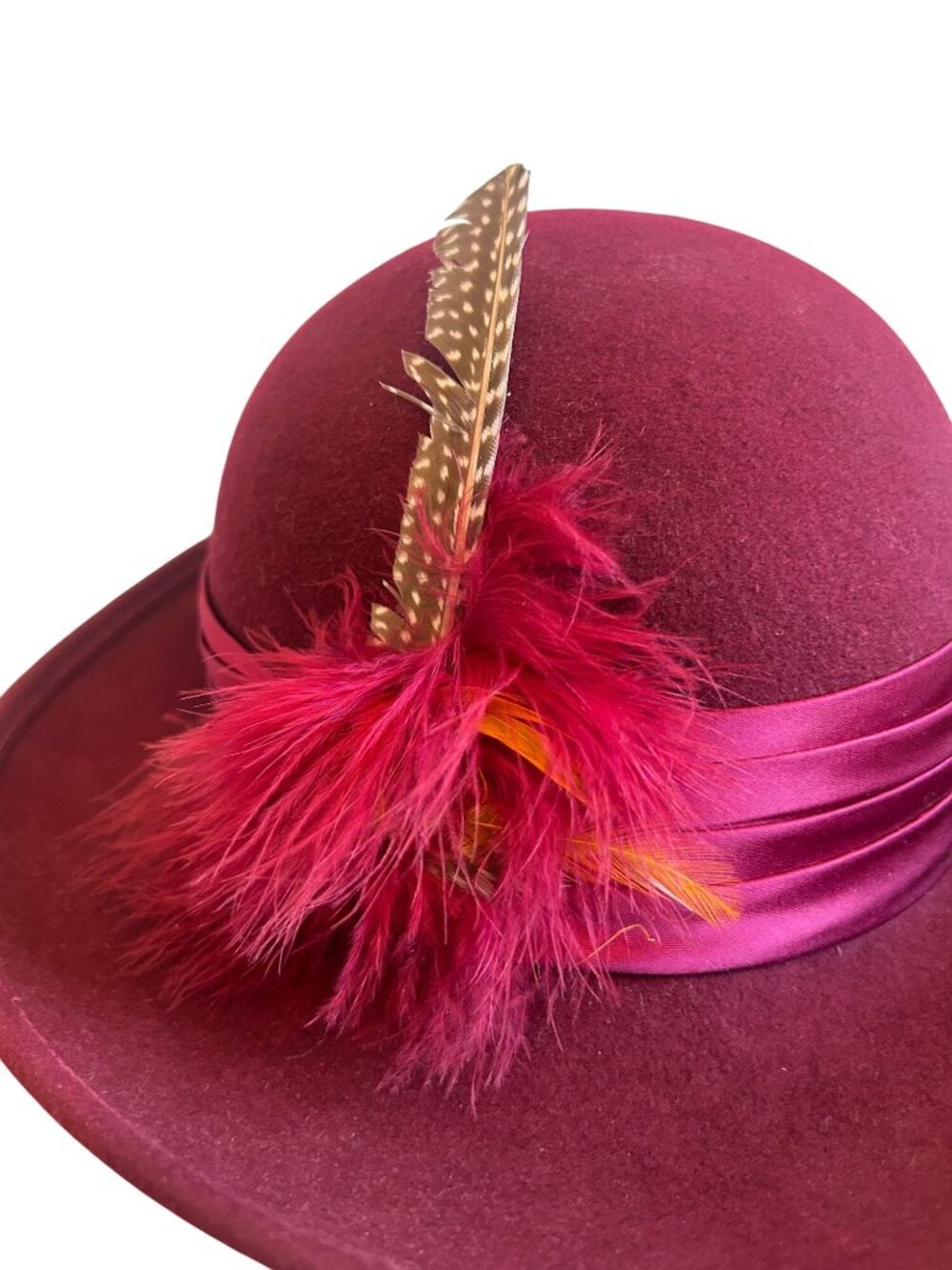 Vintage Geo W Bollman Burgundy Wool Hat With Satin Ribbon & Feather Accent - Picture 4 of 16